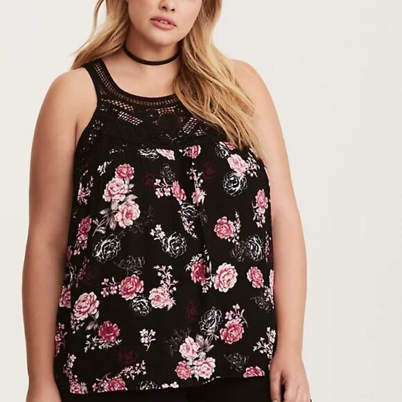 Torrid Floral Print Gauze Crochet Tank - Picture 1 of 8